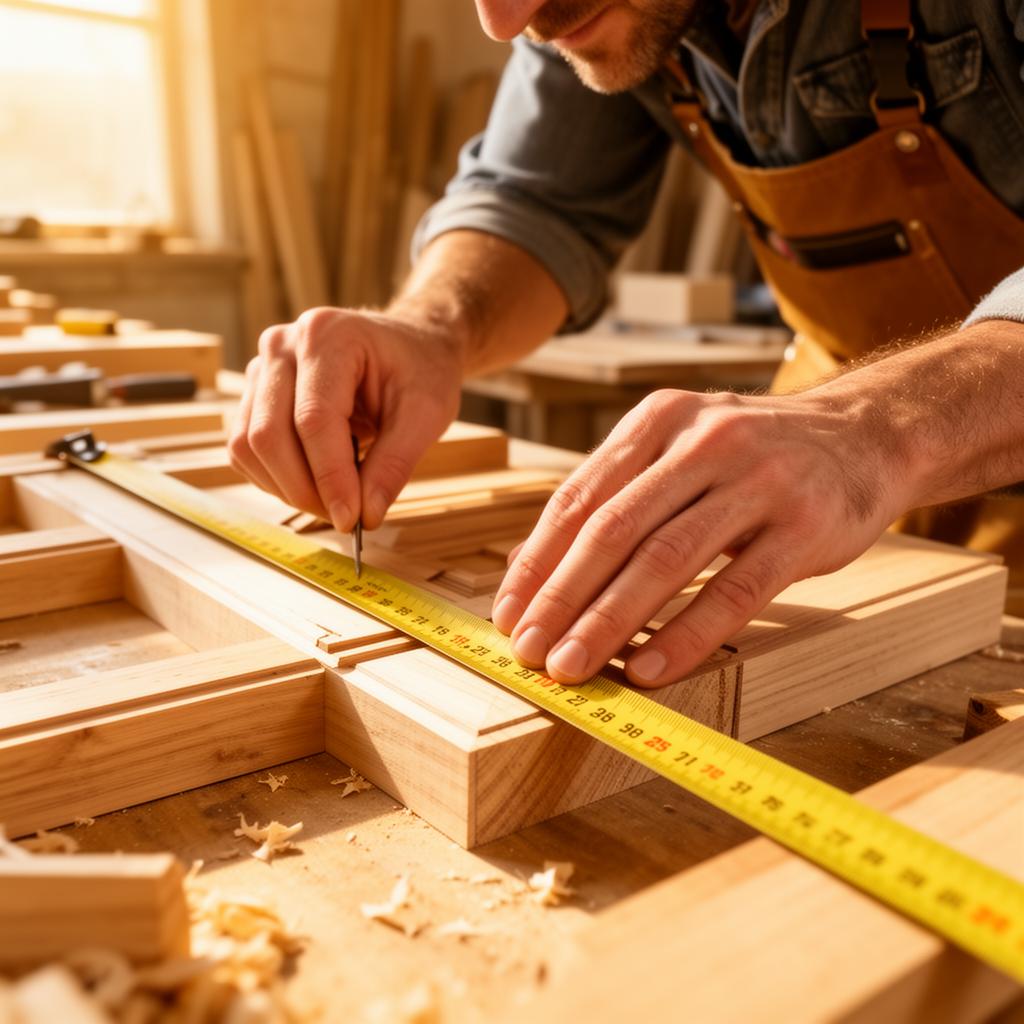 Carpenter carefully measuring timber in a workshop