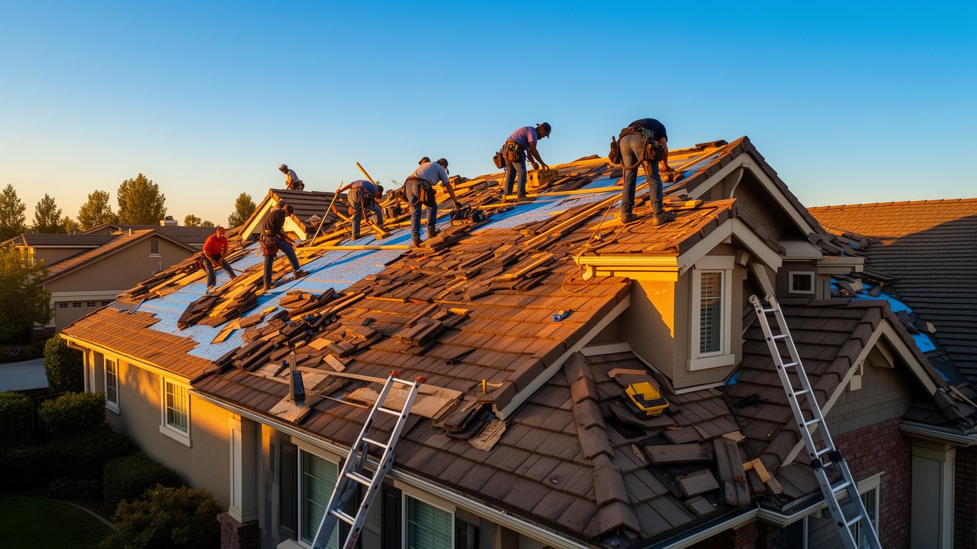 Skilled roofing craftsmen restoring a residential tiled roof at golden hour